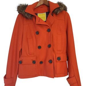 Delias Women's Pea Coat Double Breast Lined Fur Trim Hood Orange L